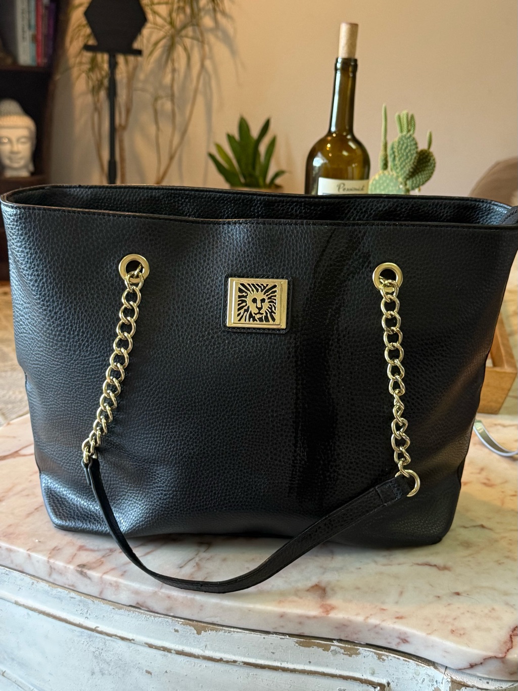 Black Anne Klien Leather Tote Bag With Gold Chain Accents